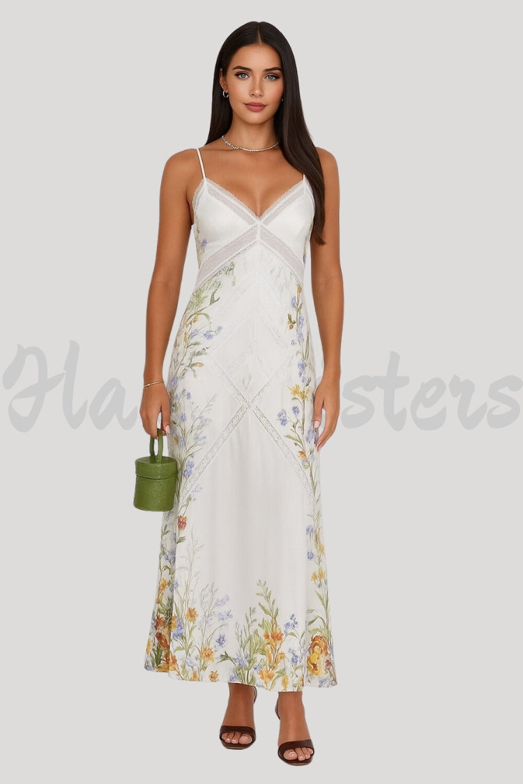 V Neck Floral Print Lace Trim Strappy Maxi Dresses