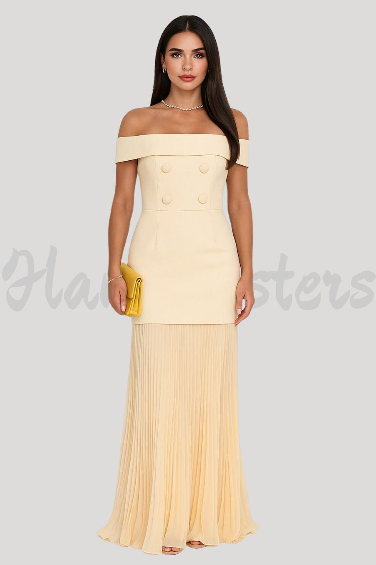 Pleated Hem Off Shoulder Semi-Fitted Maxi Dresses